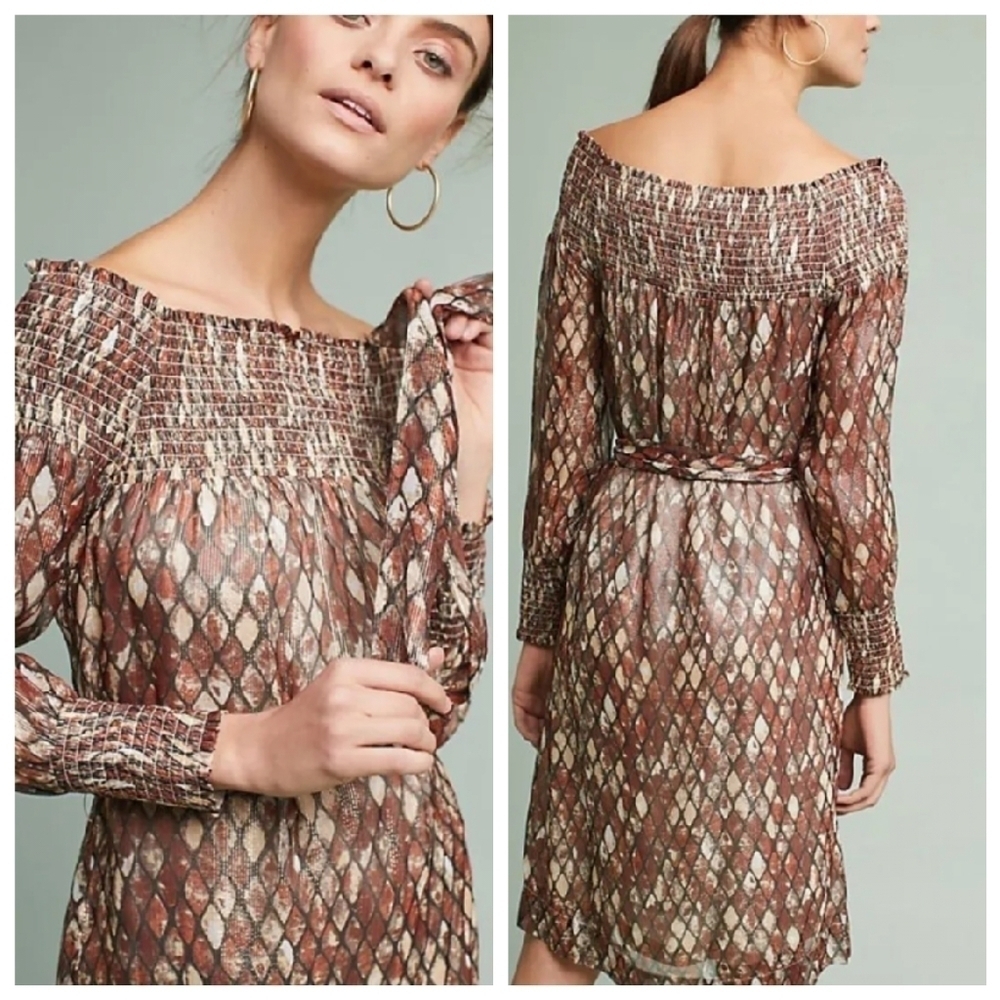 Anthropologie Intropia Anise Smocked Gold Metallic Dress Size 12 New